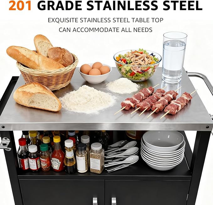 Dining Cart Table with Big Storage Cabinet - Movable Indoor Outdoor Kitchen Island, Multifunctional BBQ Grill Table & Pizza Oven Stand for Food Prep