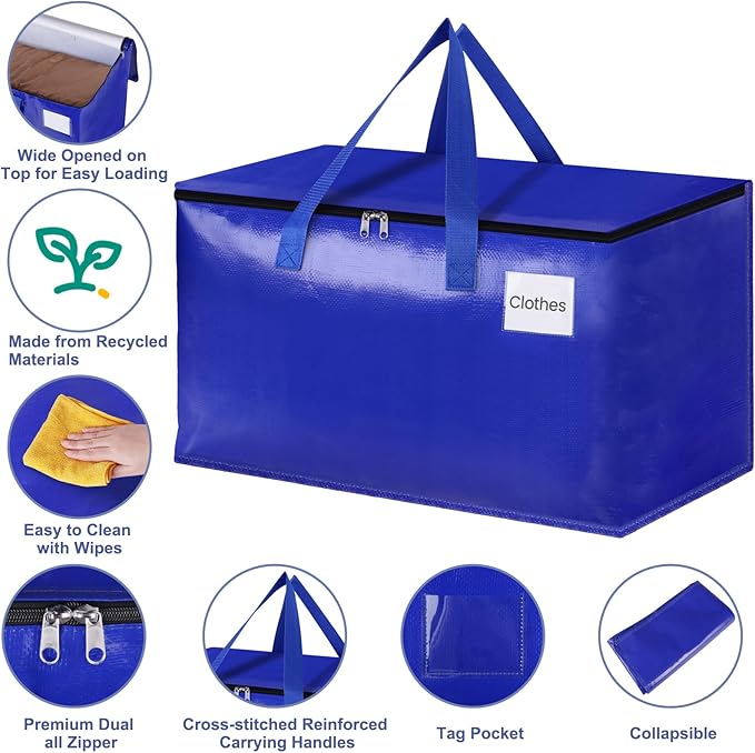 StorageRight Heavy Duty Moving Boxes-Moving Bags with Zipper, Reinforced Handles and Tag Pocket-Collapsible Moving Supplies-Totes for Storage Great for moving, Storage and Travel 93L(Blue-4 Pack)