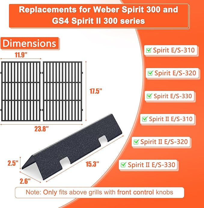 Grill Parts for Weber Spirit 2, Spirit 300 & GS4 Spirit II 300 Series, Spirit E-310,S-310 320, Spirit II E/S 310 Gas Grills with Front Mount Control, 7636/67046 Flavorizer Bars & 7639/7638 Grill Grate