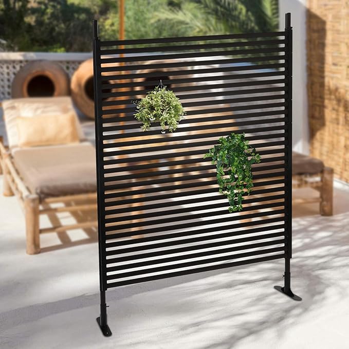 Outdoor Privacy Screens Freestanding, 47" W x 71" H Metal Slatted Decorative Privacy Screen and Panels with Stand, Brown Backyard Panels for Garden Patio