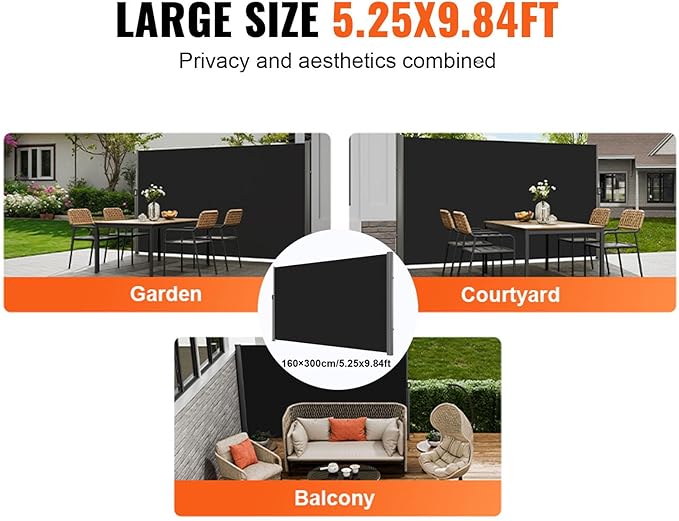 VEVOR Retractable Side Awning, UV 50 118" x 71" Retractable Patio Screen Waterproof, 280 g Thicken Folding Room Divider Wind Screen for Privacy, Garden, Outdoor, Patio and Terrace, Black