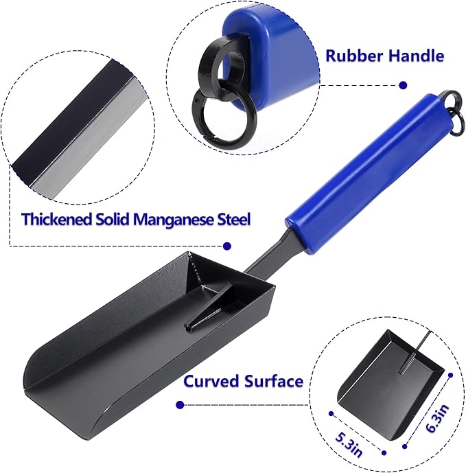 Fireplace Ash Shovel Wider Head Manganese Steel Gardening Shovel for Yard with Rubber Handle and Hanging Ring for Outdoor Fire Pit Indoor Fireplace Solo Stove Woodstove