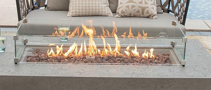 AMS Fireplace | Rectangular Fire Pit Glass Wind Guard for Madison Fire Pit (Light Gray) | Shielded from Patio Heater Flames | Tempered Glass with Polished Edges for Safety | Fire Table Glass Shield