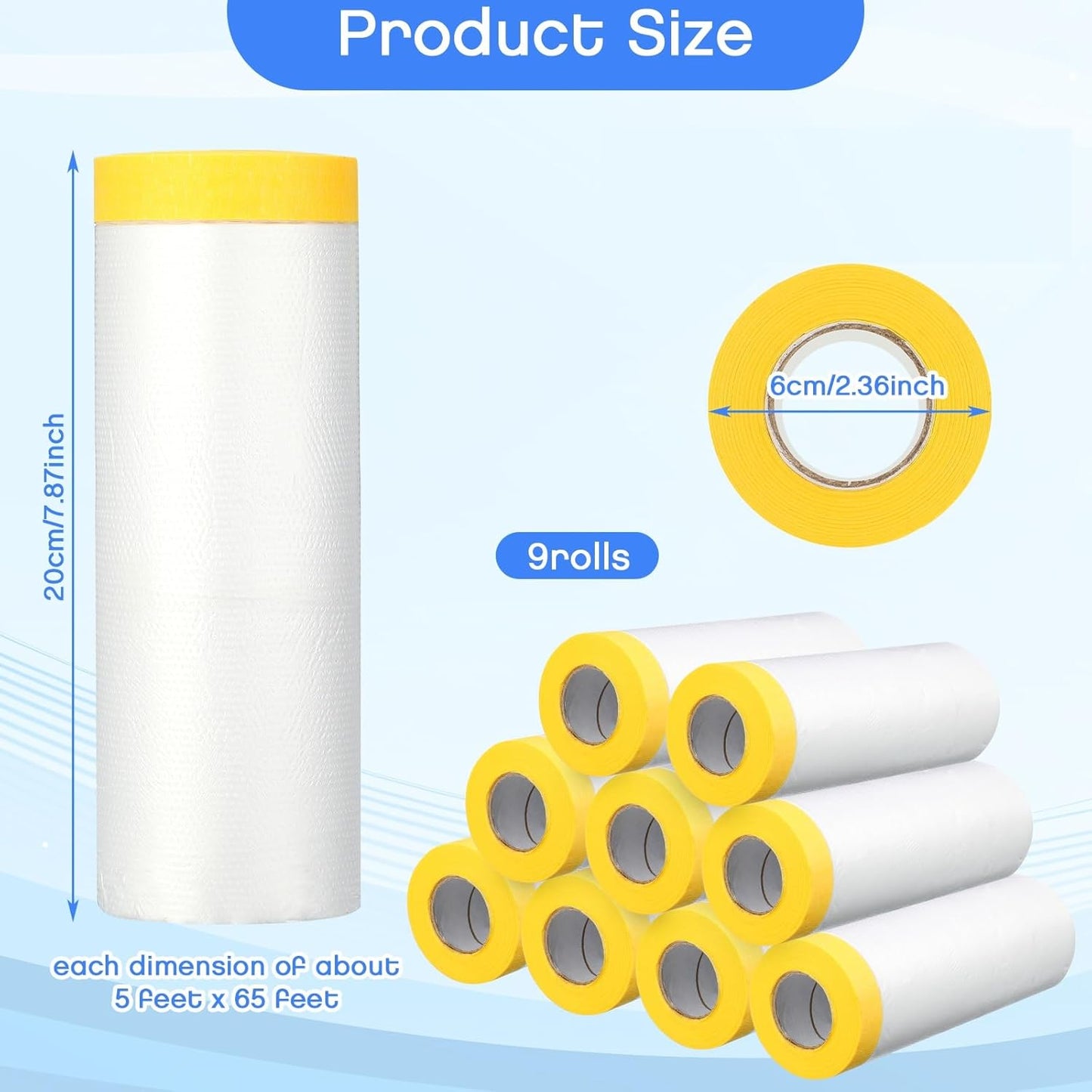 Seajan 9 Roll Painters Plastic with Tape Pre Taped Masking Film for Painting Automotive Paint Adhesive Protective Film Masking Tape Roll Plastic Painting Covering (White,5 x 65 Ft)