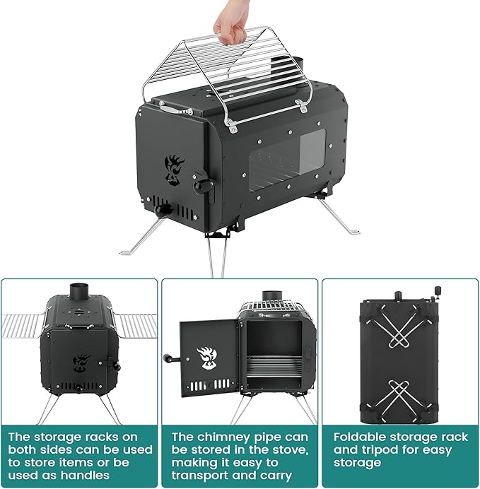 Wood Burning Stove, Hot Tent Stove, Folding Portable Wood Stove for Tent, Cooking, Hiking, Camping Wood Stove Includes Six Chimney Pipes and View Glass, Black