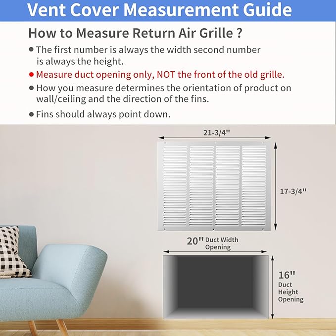 20"W x 16"H [Duct Opening Size] Steel Return Air Grille, Air Return Vent Cover for Ceiling and Sidewall - HVAC Air Vent Covers - [Outer Dimensions: 21.75"W x 17.75"H]