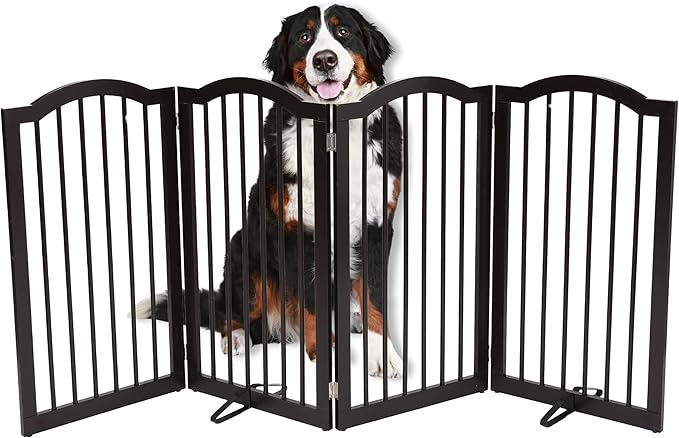 INTERNET'S BEST Dog Gate with Support Feet, Indoor Freestanding Pet Barrier, Folding Wood Cat or Dog Fence, Extra Wide Doorway Puppy Gates, 4 Panel - 36", Espresso