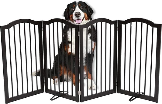 INTERNET'S BEST Dog Gate with Support Feet, Indoor Freestanding Pet Barrier, Folding Wood Cat or Dog Fence, Extra Wide Doorway Puppy Gates, 4 Panel - 36", Espresso