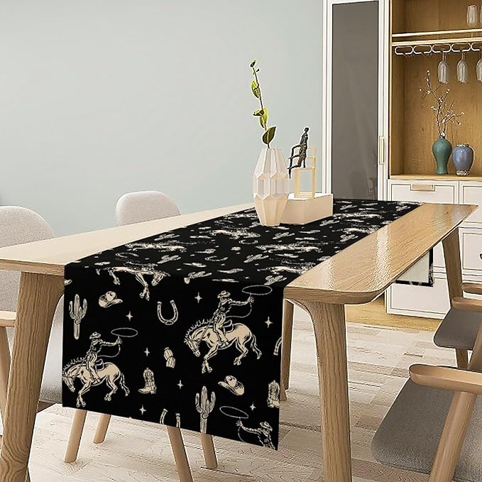 Vintage Western Cowboy Table Runner, Wild West Cowboy Riding Horse Desert Cactus Themed Table Runner for Home Kitchen Dining Party Farmhouse Cafe Outdoor 13x120in