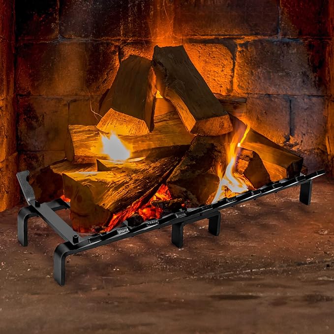 24" Fireplace Grate Wood Stove Grate Rack Fireplace Tools Rack Heavy Duty Solid Steel 10-Bars Log in Holder Easy Assembly Fire Grate for Indoor Hearth Outdoor Firepit Matt Black