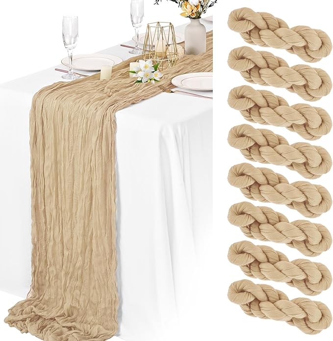 8 Packs Cheesecloth Table Runner 10FT Long Boho Gauze Fabric Table Runner Vintage Rustic Sheer Runners for Wedding Party Bridal Baby Shower Table Decorations (Beige )