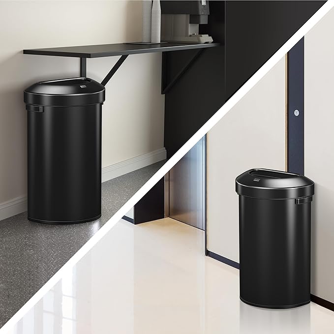 EKO Urban 21 Gallon Semi-Round Open Top Waste Bin, Stainless Steel Half Round Commercial Trash Can for Indoor and Outdoor, Extra Large Garbage Bin for Home, Office, Restaurant, 80L, Matte Black