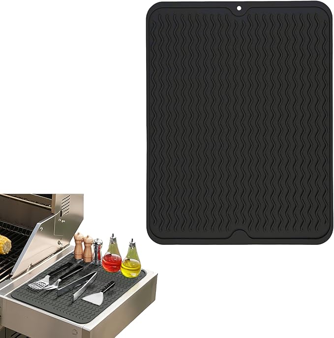Grill Accessories, 16x12 Inch Silicone Heat Resistant Mat, BBQ Tool Rest Pad for Blackstone Griddle Side Shelf, Weber, Traeger, Outdoor Kitchen Countertop Protector (Black)