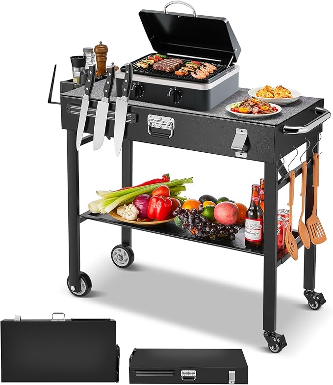Grill Cart, Portable Outdoor Grill Table for Blackstone Griddle, Foldable Cart Table with Wheels, Griddle Stand with Paper Towel Holder, BBQ Prep Tables with Seasoning Tray