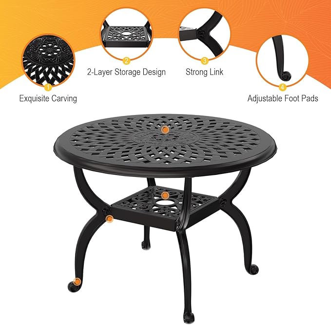 Cast Aluminum Outdoor Side Table, All Weather Round Bistro Table, Outdoor Coffee Table, Small End Table for Patio, Indoor, Lawn, Garden, Black