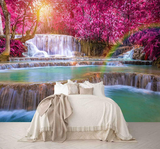 Forest Waterfall Wall Mural Wallpaper Large Nature Scenery Mural for Bedroom Living Room TV Background Sofa Wall（Not Peel and Stick）
