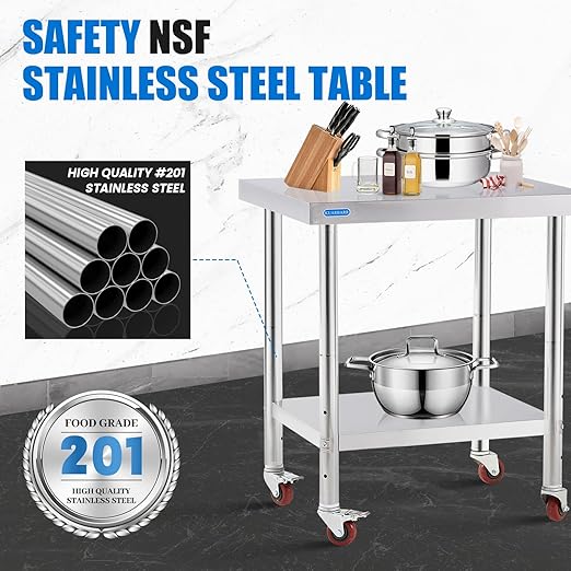 Stainless Steel Table for Prep & Work with 4 Caster Wheels with Adjustable Undershelf 24 x 30 NSF Metal Commercial Kitchen Worktable for Restaurant Home Outdoor
