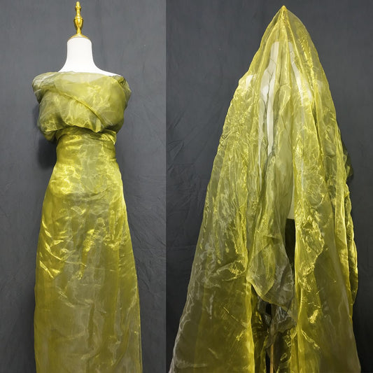 Two-Tone Iridescent Holographic Organza Fabric - 11 Yards | Lightweight Sheer Gauze Voile Tulle | for Dresses, Party Decor, DIY Crafts, Shiny Backdrops（Olive-Greenish Yellow