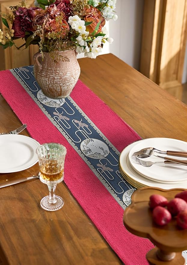 Embroidered Tassel Table Runner Chinese Style Landscape Painting Waterproof Cotton Linen Holiday Kitchen Dining Table Decoration for Home Party Decor 13x72 Inch (Rad)