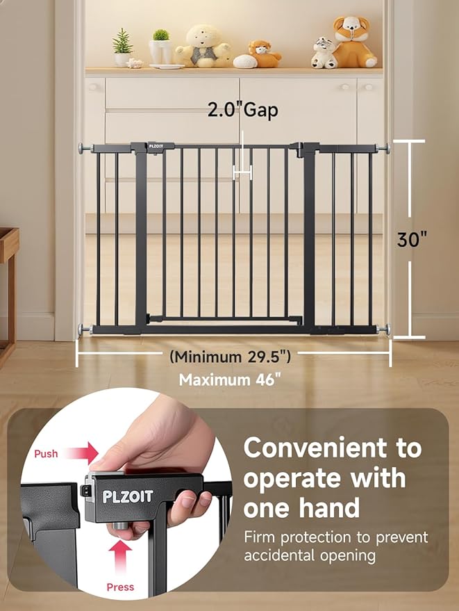 29.5-46" Extra Wide Baby Gate for Stairs, Dog Gate for Doorways, Walk Thru Auto Close Metal Pet Gate for The House, Stairs and Doorways Child Gate Pressure Mounted Safety Gate Indoor - Black