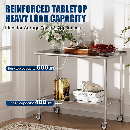 Stainless Steel Work Table with Wheels, 24x60 Inch NSF Food Prep Table with Backsplash & Adjustable Undershelf for Commercial Kitchen, Restaurant, Garage