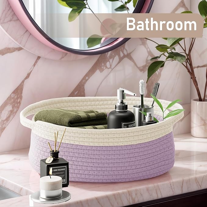 Woven Basket,Small Rope Storage Bin with Handles & Ribbon Bag, Organizer for Shelves Closets,Gift Basket Empty for Birthday,Books,Dog Toys, White&Purple