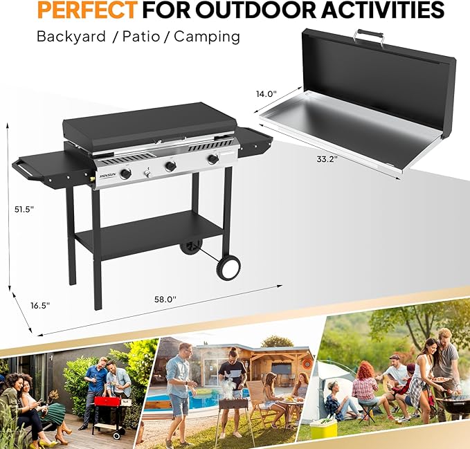 ROVSUN 2-in-1 Propane Stove & 33'' Griddle Combo with Ignition, 3 Burner 225,000 BTU Gas Stove & Grill with Side Shelves, Rolling Wheel & Regulator for Home Outdoor Backyard Camping Cooking Grilling