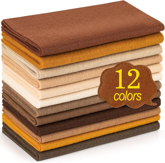 XSEINO 12 Rolls 8"x35"(20.5x90cm) 1.4mm Thick Soft Felt Fabric Sheet 12 Assorted Brown Series Colors Felt Pack for DIY Craft Sewing Squares Nonwoven Patchwork