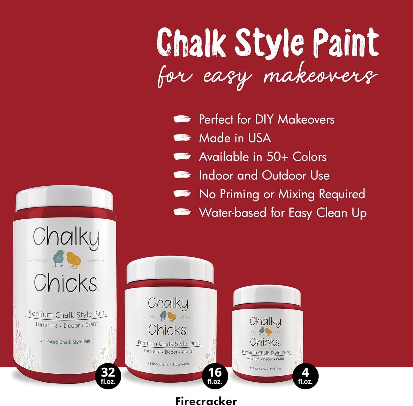 Chalky Chicks All-in-One Chalk Paint for Furniture or Cabinet - 32 Fl Oz - Matte Finish Firecracker (Red) for Metal, Wood Furniture Paint - No Sanding All-in-One for Home Decor & Crafts, USA Made