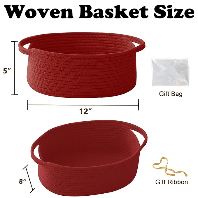 Gift Basket with Gift Bag and Ribbons,Small Rope Woven Shelf Storage,Baskets for Gifts Empty,Birthday,Baby Shower,Decorative Organizer Box with Handles(Red)