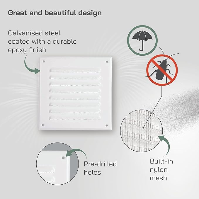 Vent Systems - 5 x 5 Inch (Inner) Pack of 2 White Metal Square Soffit Air Vent Grille Cover, Register Vent Deflector Louver Built-in Mesh HVAC for Bathroom Home Office Kitchen 6.5" x 6.5" (Outer)