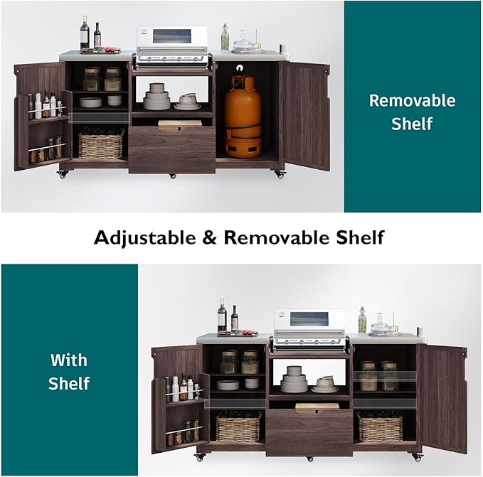 66.5" Outdoor Kitchen Island with Stainless Steel Top for Big Green Egg, Rolling Grill Cart with Adjustable Shelves, Lockable Wheels, Outdoor Table and Bar Storage Cabinet for Patio