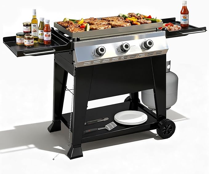 28 Inch Outdoor Flat Top Gas Propane Griddle with 3 Burners 36,000BTU,Powder Coated Steel Portable Gas Grill with Side Shelves for BBQ,Camping,Backyard