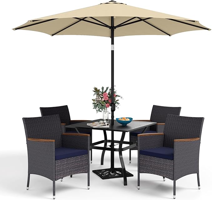 Sophia & William 5 Pieces Outdoor Dining Set with 9ft Beige Patio Umbrella, 4 Seat Patio Dining Set with Square Metal Patio Table and 4 Rattan Chairs, Patio Dining Set Set for Yard Lawn Porch