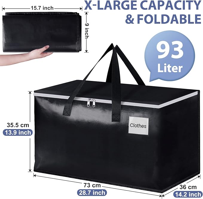 StorageRight Heavy Duty Moving Boxes-Moving Bags with Zipper, Reinforced Handles and Tag Pocket-Collapsible Moving Supplies-Totes for Storage Great for moving, Storage and Travel 93L(Black-6 Pack)