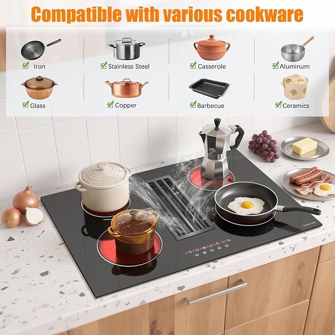 Noxton 30”Electric Cooktop with Downdraft Vent, 4 Burner Radiant Stove Top, 6000W, 240V Hardwired, 9 Heat Settings, 99-Min Timer, Pause & Child Lock(No Exhaust Pipe Required)