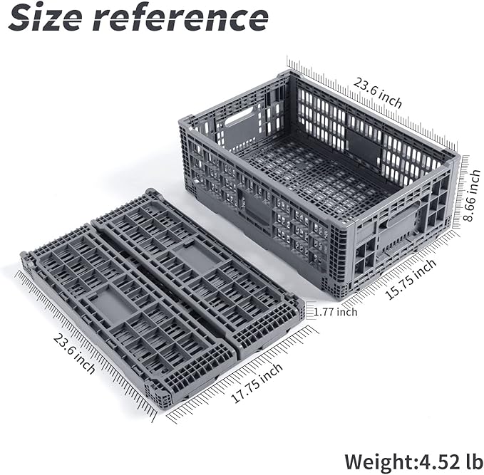 Collapsible Storage Bin/Containe， Transfer box,crate Transit storage of various items (Gray 23.6" L x 15.7" W x 8.6" H-two)