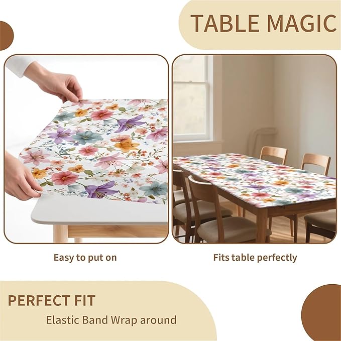 Rectangle Table Cloth Cover Waterproof Elastic Fitted Polyester Fitted Tablecloths for 6 Foot Tables for Indoor,Picnic, Camping, Outdoor （60" x 30"，Flower）