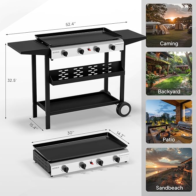ROVSUN 4 Burner Portable Propane Griddle with Electronic Ignition, 40000 BTU Rolling Flat Top Gas Grill with Nonstick Enameled Tray, Side Shelves & Regulator for Outdoor Cooking Camping BBQ Tailgating