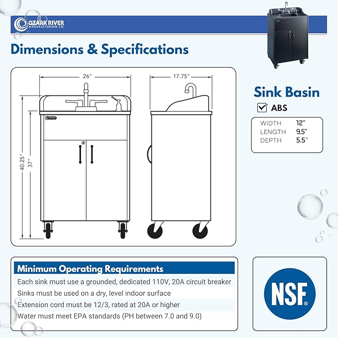 Ozark River Portable Sinks Premier Black, Black Laminate-ABS Sink, Mobile Self Contained Sink, Mobile Hand Washing Station, Portable Sink with Hot Water, Portable Sink Hand Wash Station, 110V