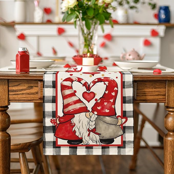 Artoid Mode Watercolor Hearts Gnomes Love Table Runner, Seasonal Anniversary Wedding HoliKitchen Dining Table Decoration for Indoor Outdoor Home Decor 13 x 120 Inch