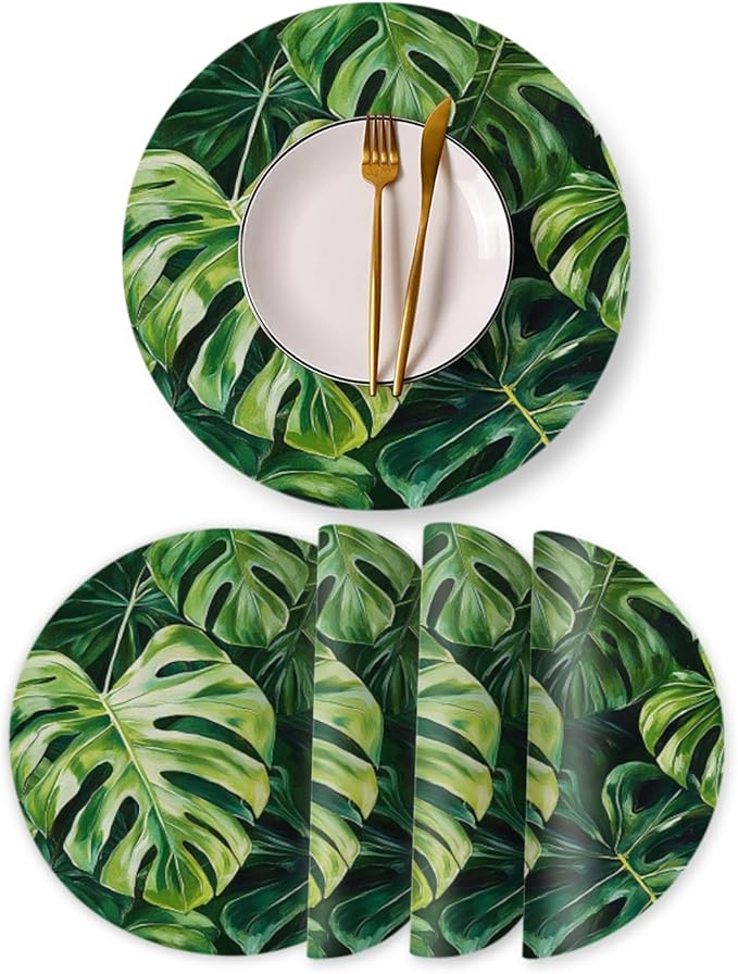 Faux Leather Placemats Set of 4,Tropical Green Leaves Ding Table Round Placemat Easy to Clean Heat-Resistant Waterproof Non-Slip Place Mats Kitchen Living Room Decoration,13inch