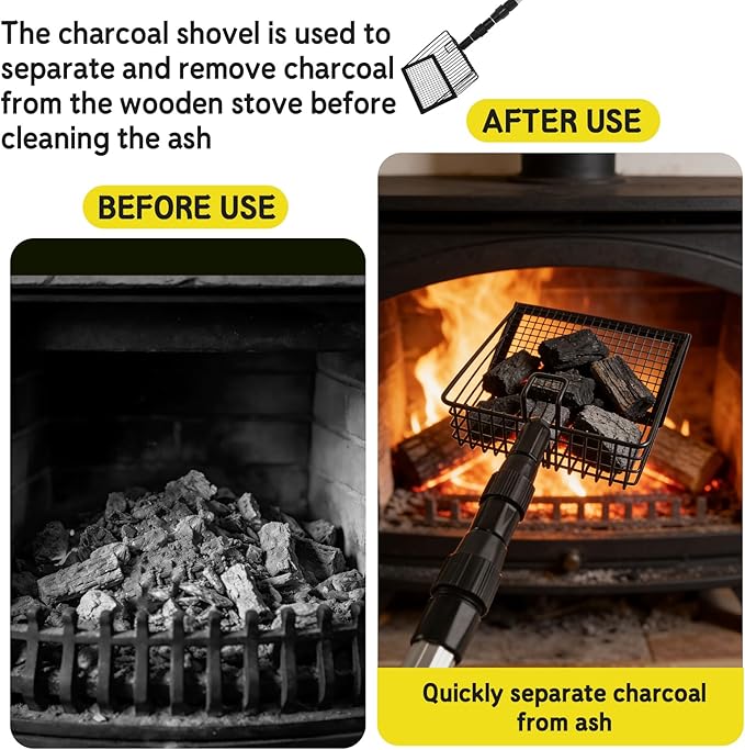 Long Handle Fireplace Ash Sifter, Hollow Out Metal Coal Shovel with 3-Section Adjustable Handle, Heat Resistant Charcoal Shovel Scoop for Wood Stove, Fireplace, Fire Pit and Grill