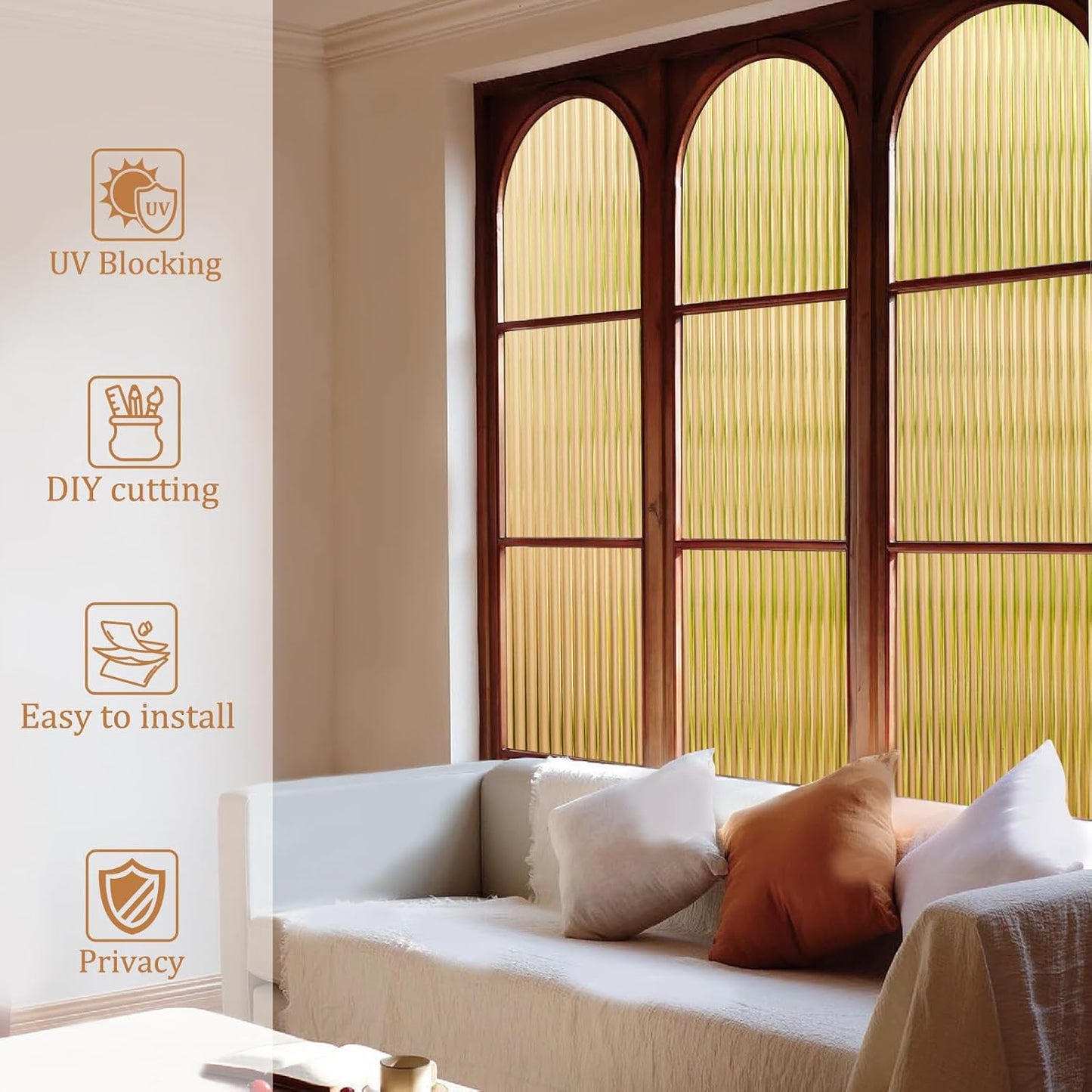 Beautyhero Window Privacy Film, Frosted Reeded Glass Cling, 3D Decorative Coverings with UV Blocking, Adhesive Stickers for Bathroom Doors Cabinet