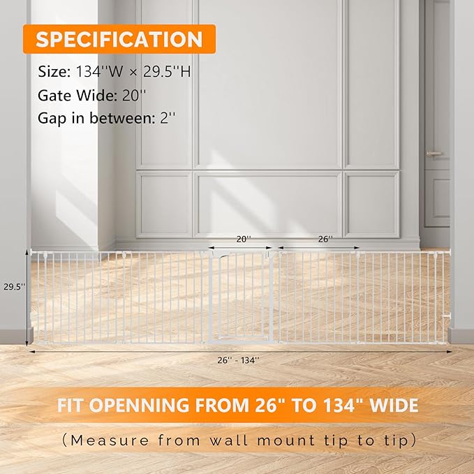 Bonnlo 120-Inch Wide Metal Baby Safety Fence/Play Yard Adjustable Fireplace Hearth BBQ Fire Gate Christmas Tree Gate 5-Panel Playpen for Toddler/Pet/Puppy/Cat/Dog, 25.39"W x 29.3" H Each Panel, White