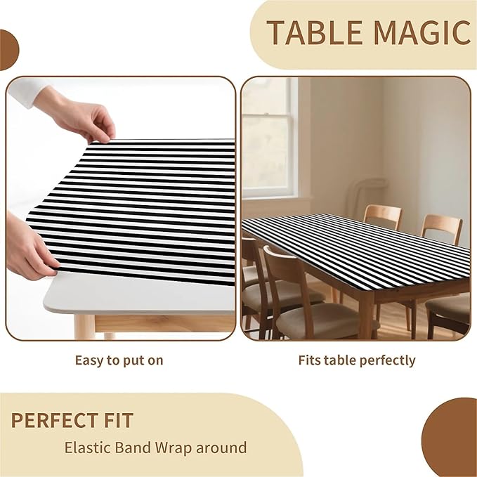 Rectangle Table Cloth Cover Waterproof Elastic Fitted Polyester Fitted Tablecloths for 8 Foot Tables for Indoor,Picnic, Camping, Outdoor （96" x 30"，Stripe）