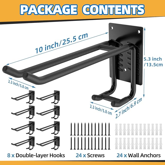 8 Pack Garage Hooks Heavy Duty 10 INCH Double-Layer Steel Shed Wall Mount Workshop Garage Storage Organizer Hooks for Hanging Garden Tool, Hose, Ladder, Chairs, Bikes with Anti-Slip Coating