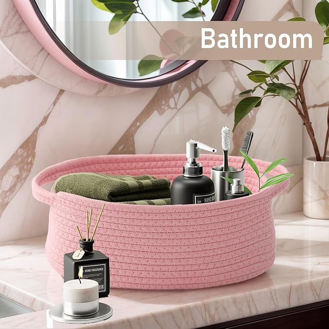 Woven Basket,Small Rope Storage Bin with Handles & Ribbon Bag, Organizer for Shelves Closets,Gift Basket Empty for Birthday,Books,Dog Toys, Pink/2 Pack
