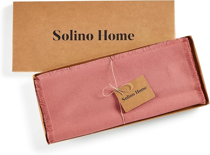 Solino Home Fringe Linen Table Runner 36 Inches - 100% Pure Linen Dusty Rose Table Runner 14 x 36 Inch Ideal for Dresser and Coffee Tables - Valentines, Spring, Easter