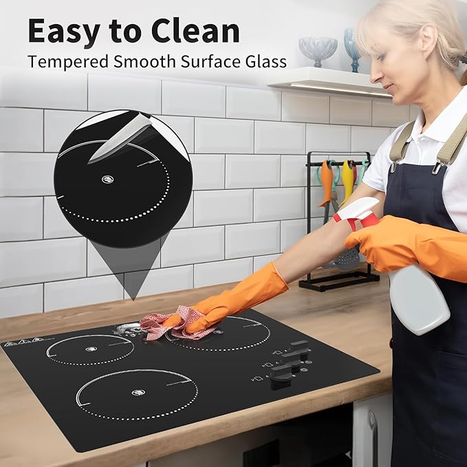 VBGK Electric Cooktop,24 inch 220V Stove Top,Touch and Knob Control,LED,9 Power Levels, Kids Lock &Timer,Overheat Protection,5000W 3 burner electric cooktop.
